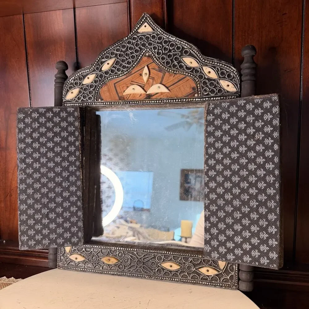 Vintage Moroccan Wall Mirror With Camel Bone Inlay, Leather, And Metalwork